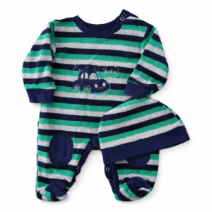 Set Bebé Plush Enterito + Gorro Rayado Auto 0–3 Meses