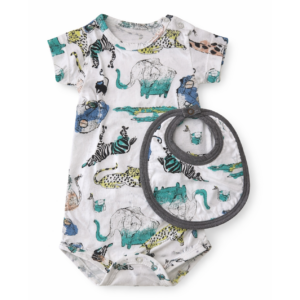 Body Manga Corta Estampa Animales + Babero 6–9 Meses